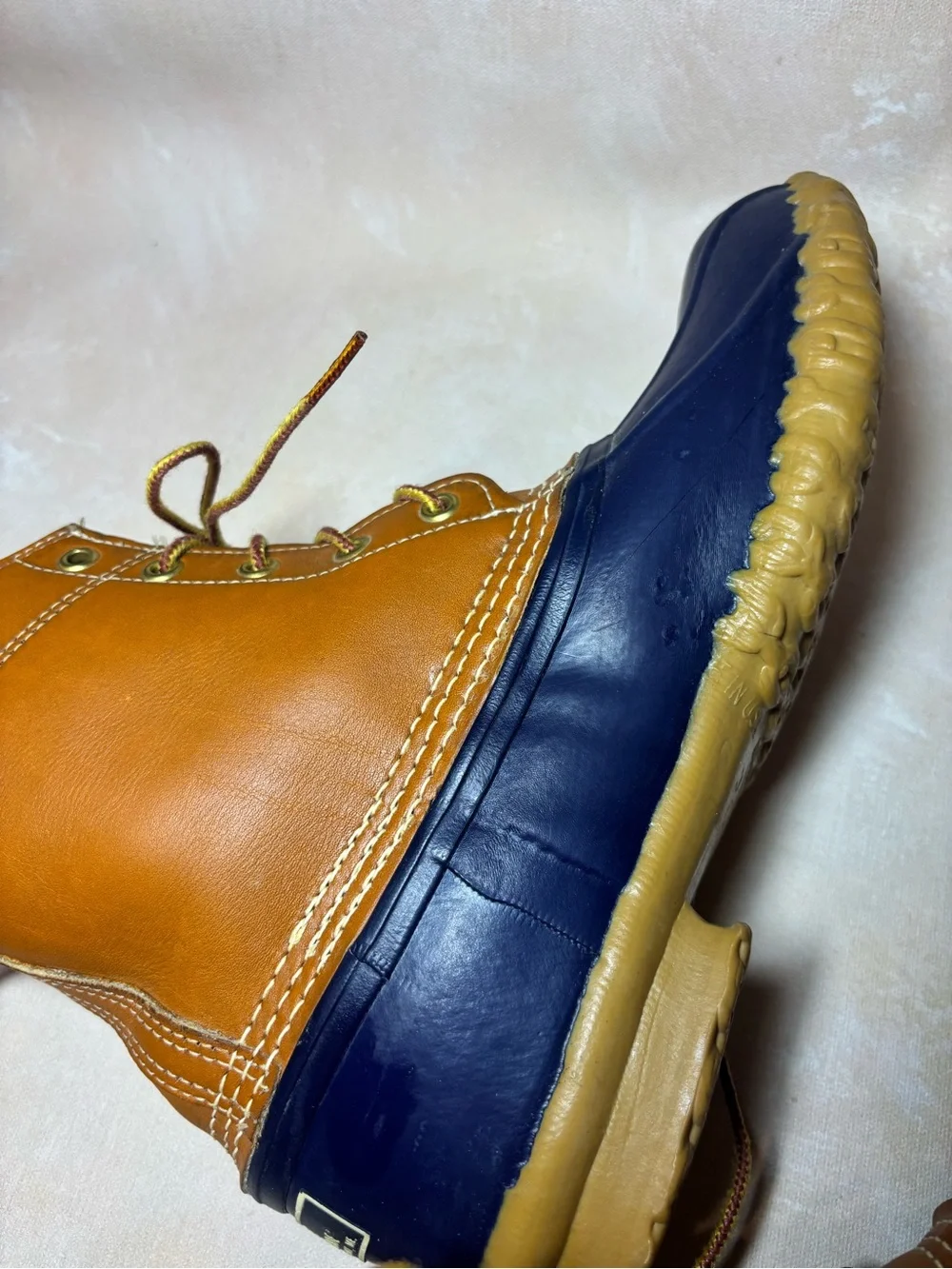 L.L. Bean Women’s Bean Boots, Tan Leather & Navy, waterproof hunting, 9 LM